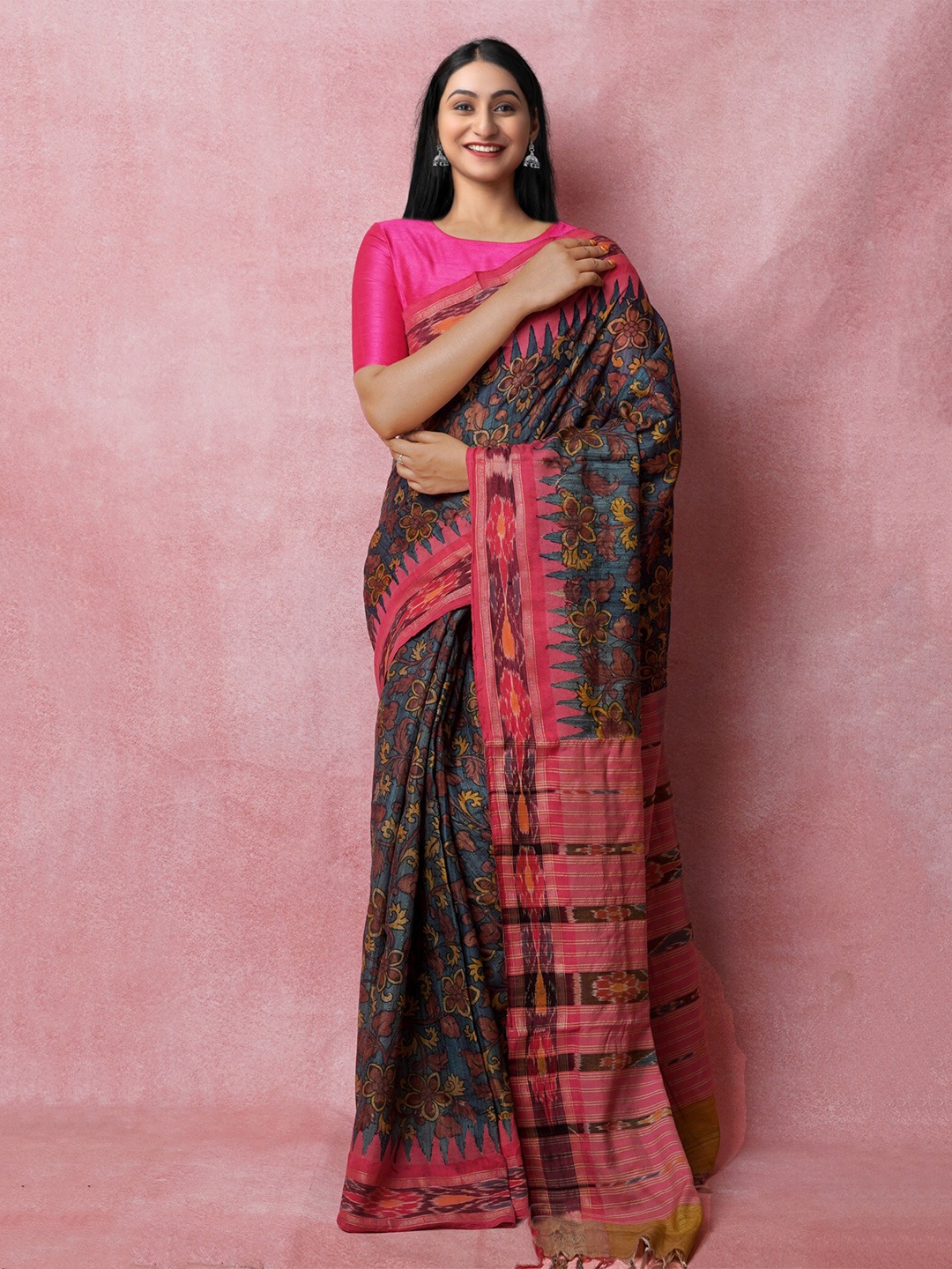 

Unnati Silks Kalamkari Printed Pure Handloom Jute Silk Tussar Saree, Blue