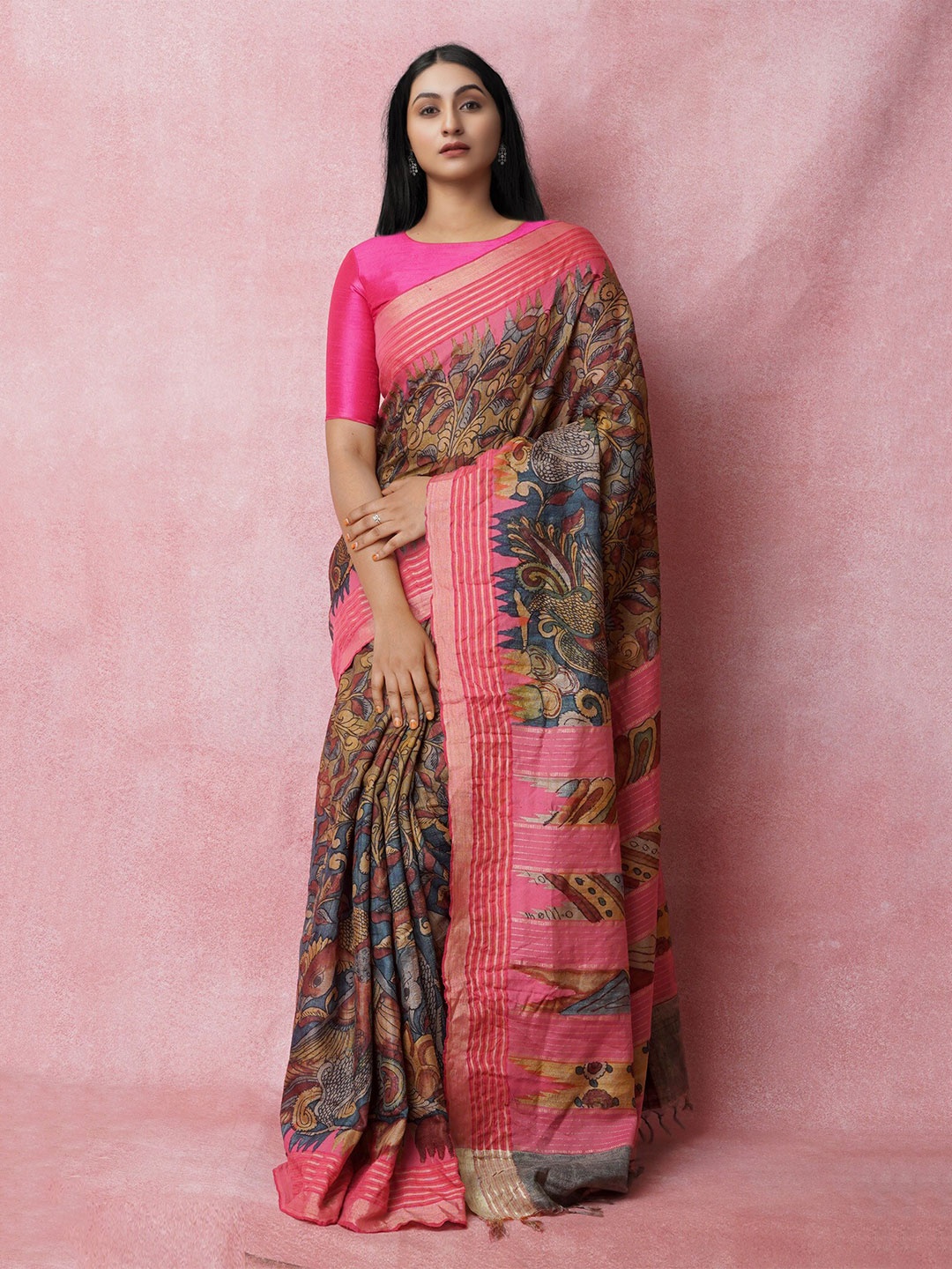 

Unnati Silks Kalamkari Printed Pure Handloom Jute Silk Tussar Saree, Brown