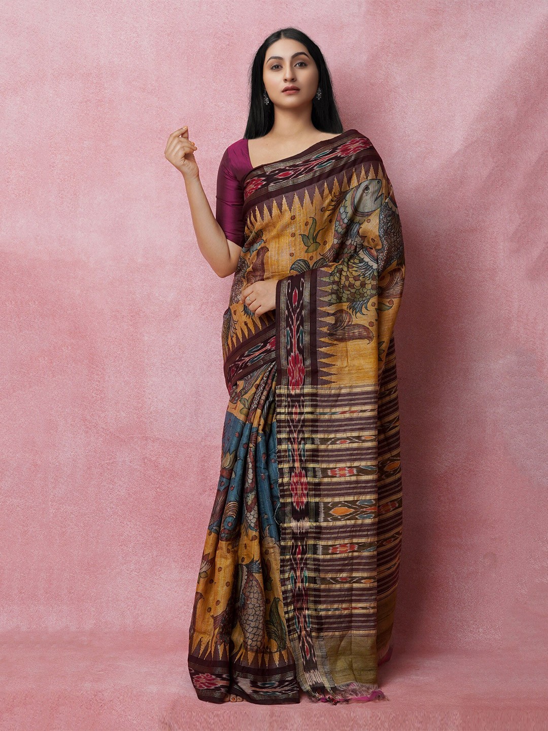 

Unnati Silks Kalamkari Printed Pure Handloom Jute Silk Tussar Saree, Yellow