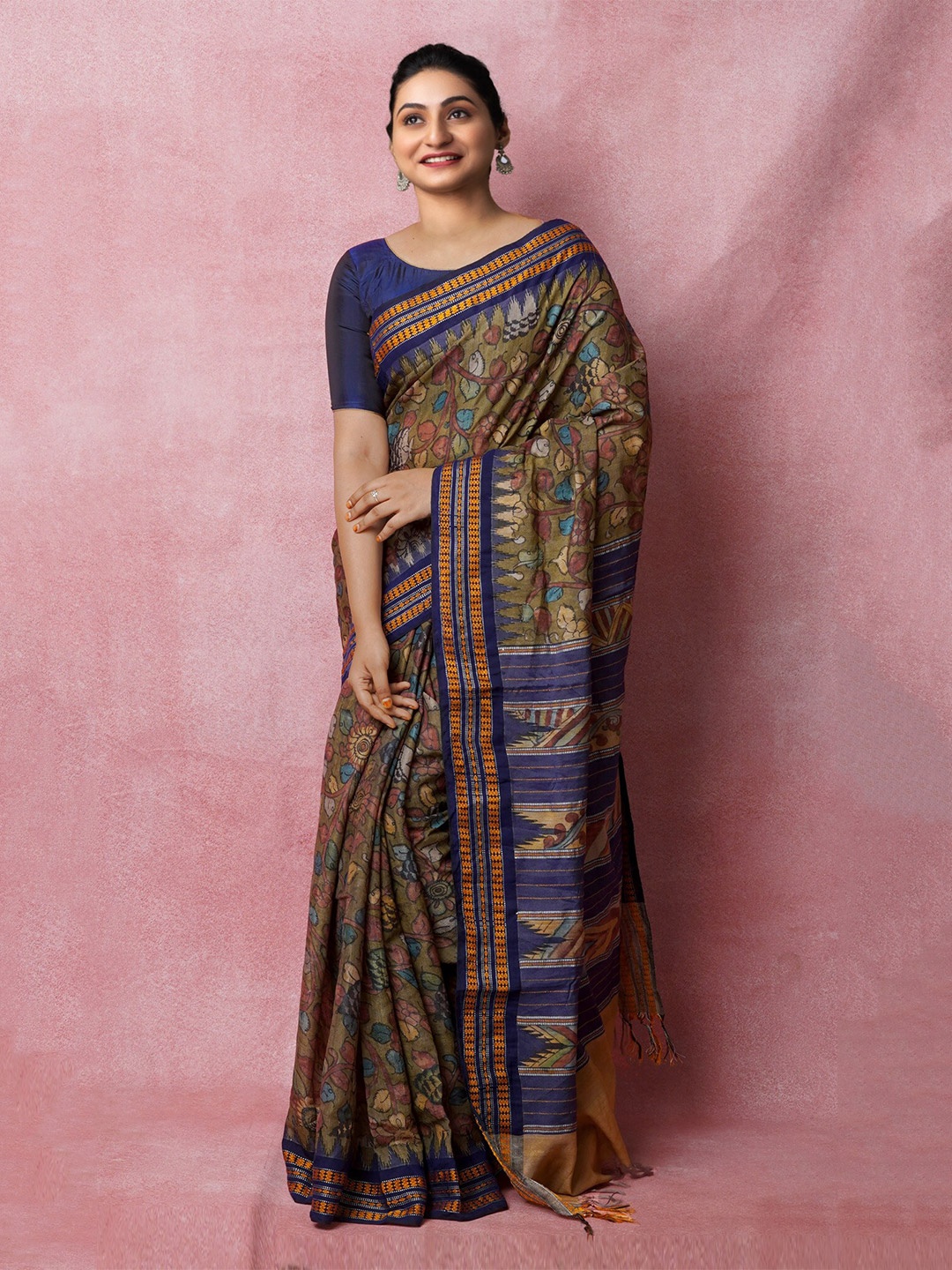 

Unnati Silks Kalamkari Printed Pure Handloom Jute Silk Tussar Saree, Green