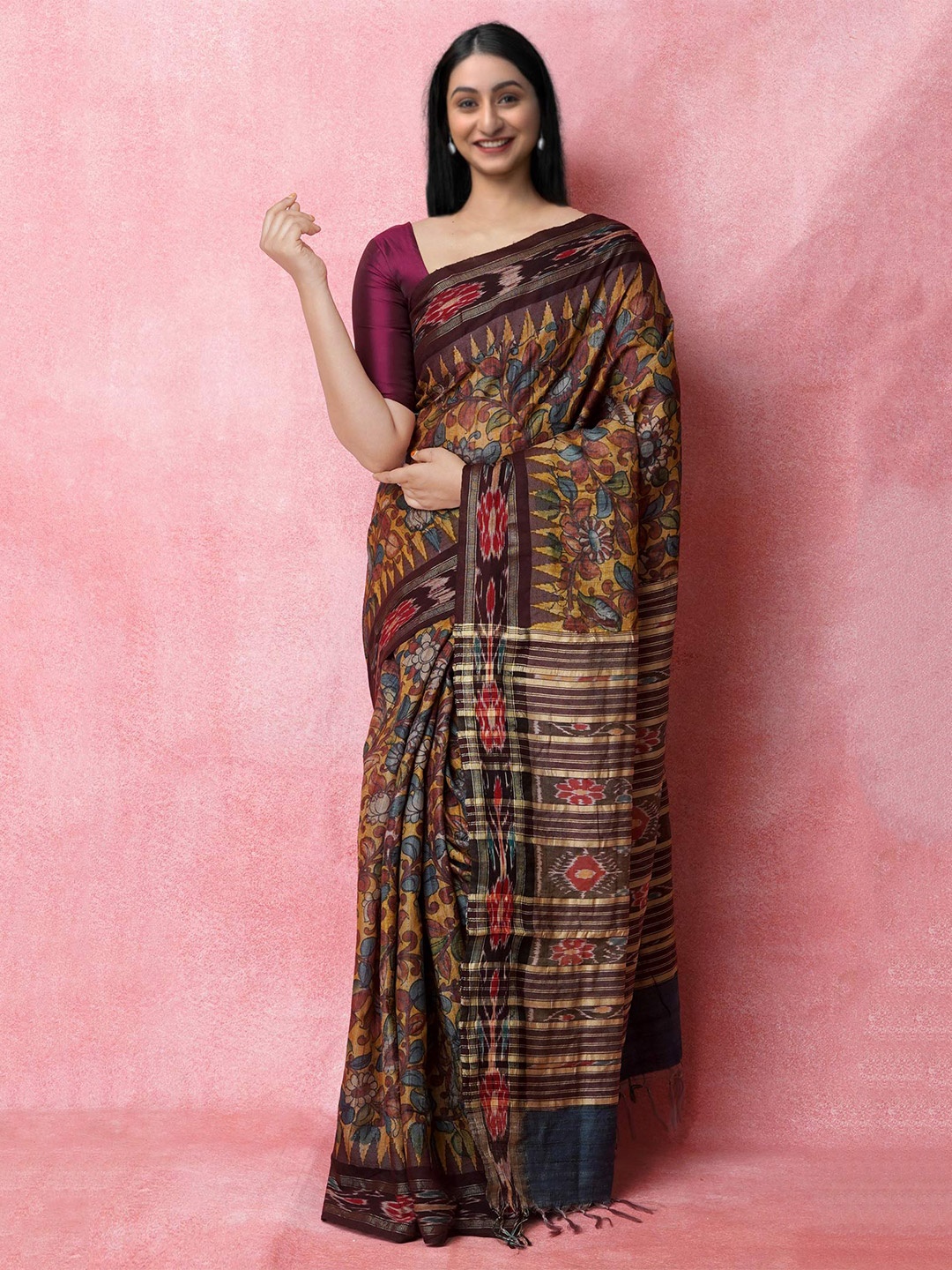 

Unnati Silks Kalamkari Printed Pure Handloom Jute Silk Tussar Saree, Yellow