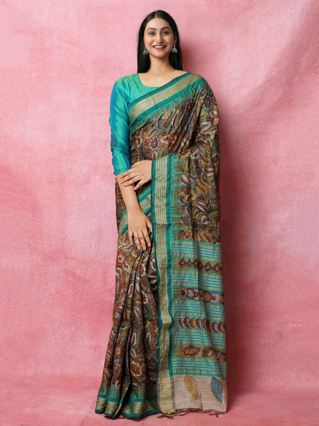 

Unnati Silks Kalamkari Printed Pure Handloom Jute Silk Tussar Saree, Green