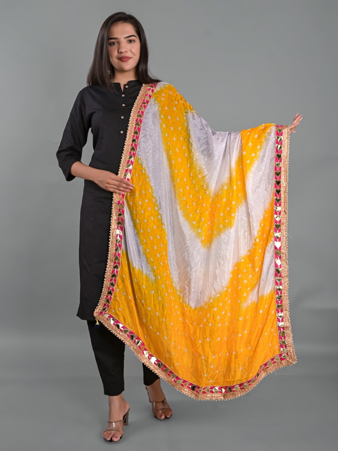 

Apratim Dyed Art Silk Tie and Dye Dupatta with Gotta Patti, Yellow