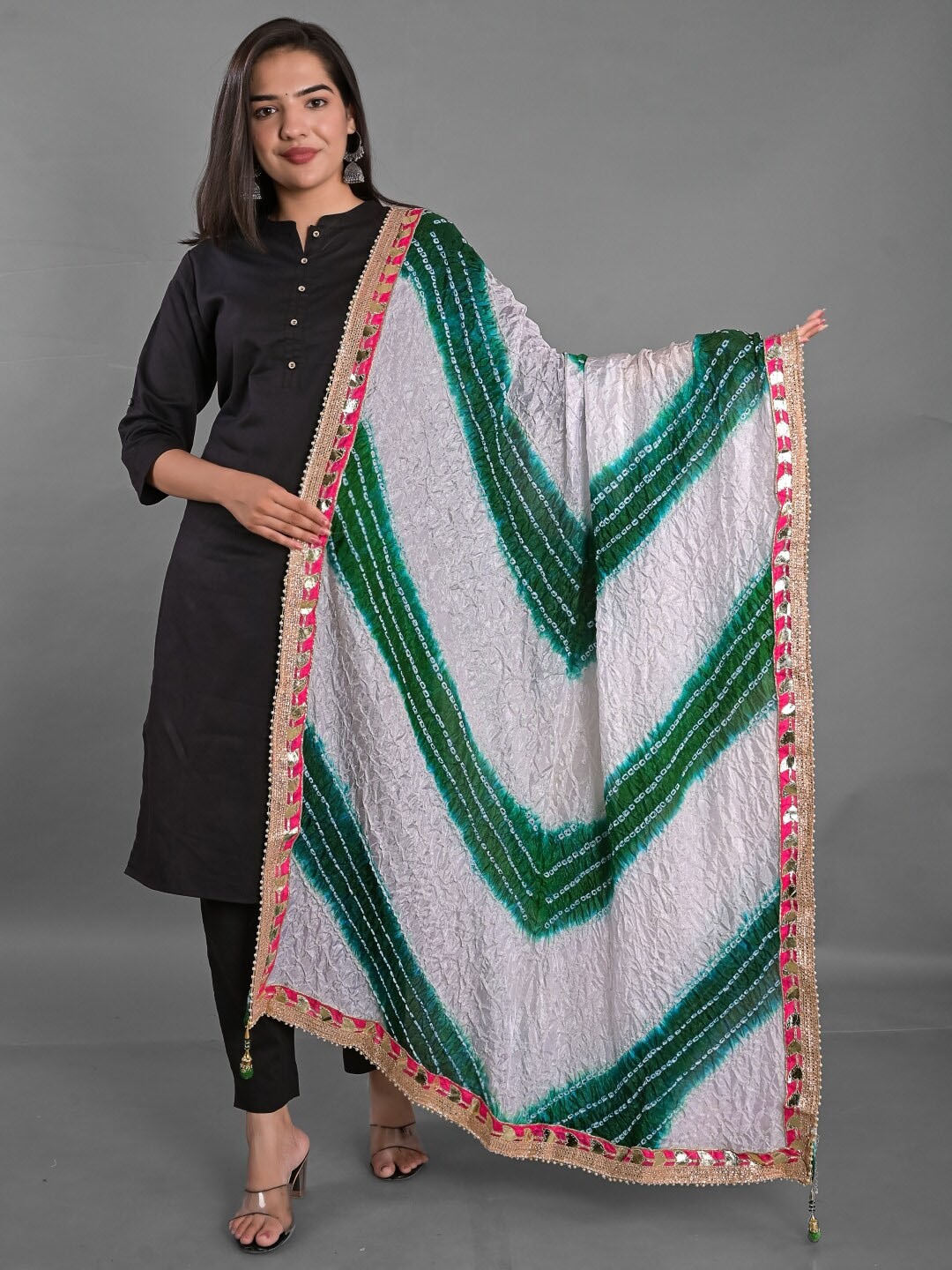 

Apratim Dyed Art Silk Tie and Dye Dupatta with Gotta Patti, Green