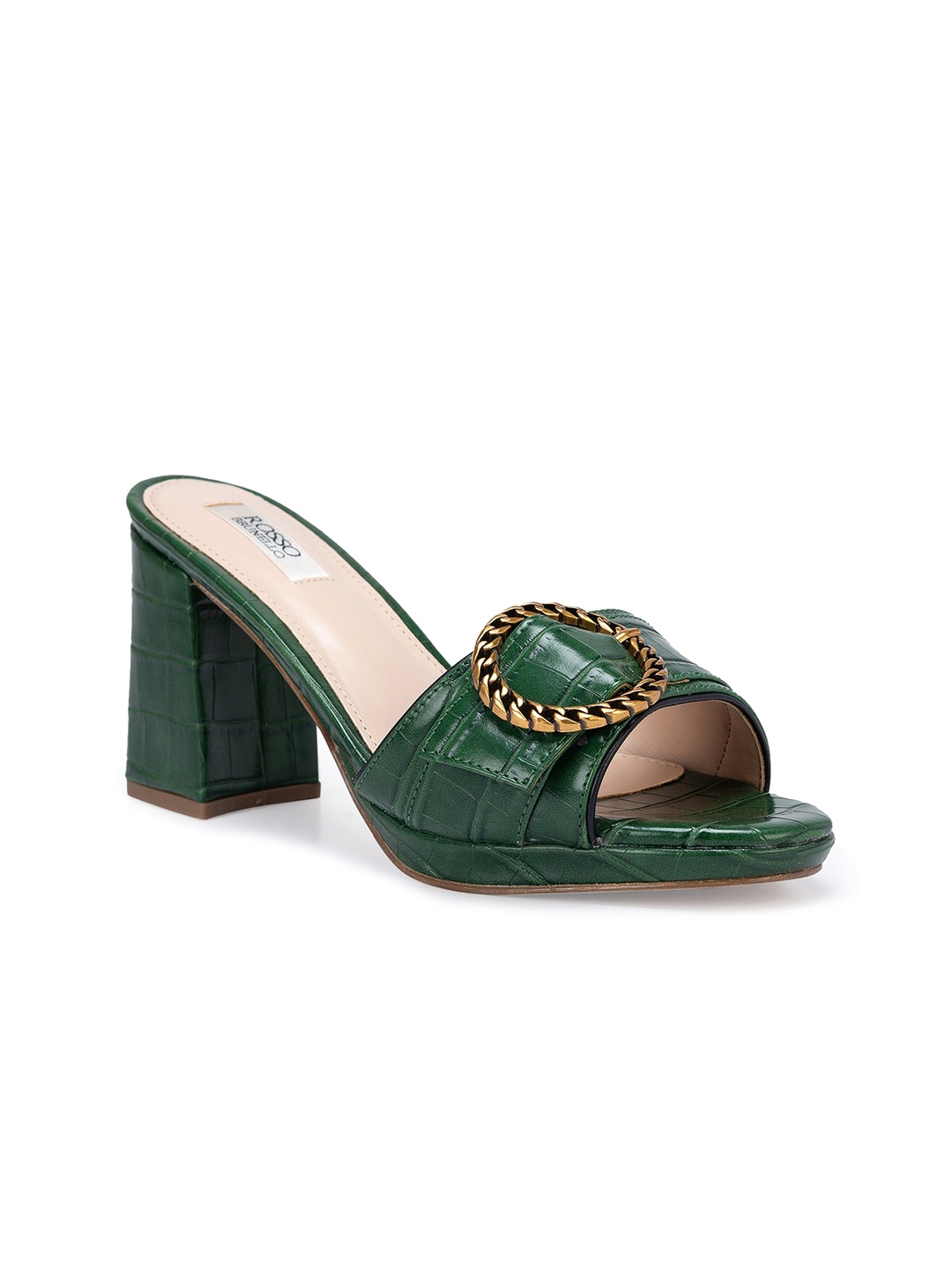 

ROSSO BRUNELLO Textured Embellished Leather Block Heels, Green