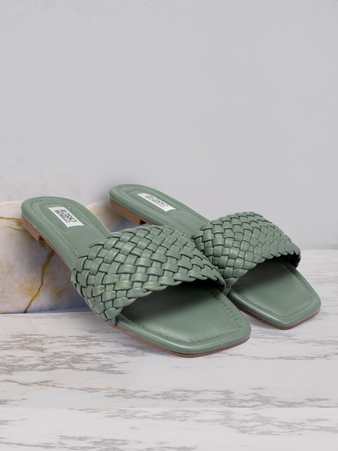 

ROSSO BRUNELLO Women Braided Leather Open Toe Flats, Olive