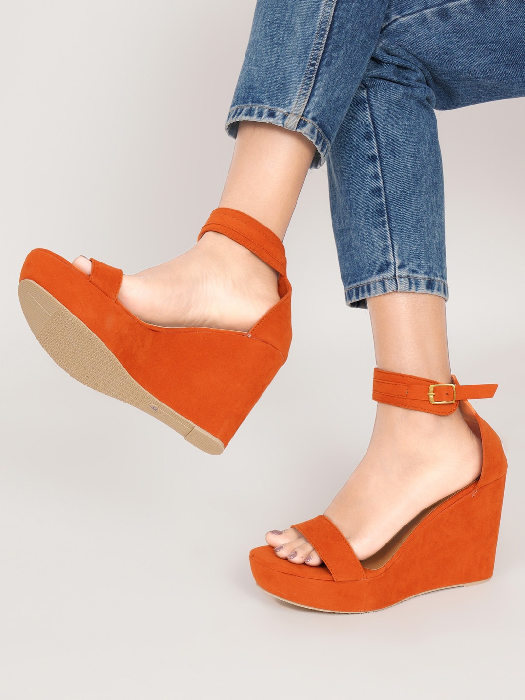 

HASTEN Open Toe Wedges With Ankle Loop, Orange