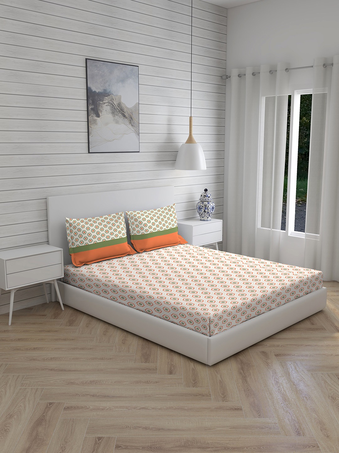 

Layers White & Orange Geometric Cotton Queen Bedsheet With 2 Pillow Covers