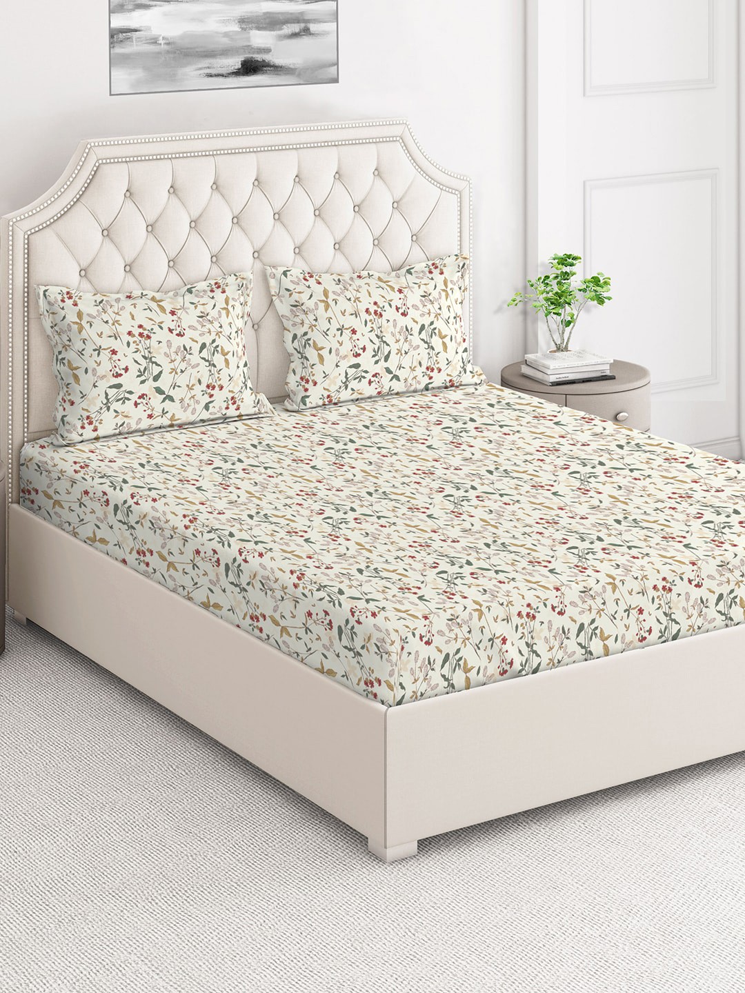 

Layers Off White & Green Floral Cotton 140 TC King Bedsheet With 2 Pillow Covers