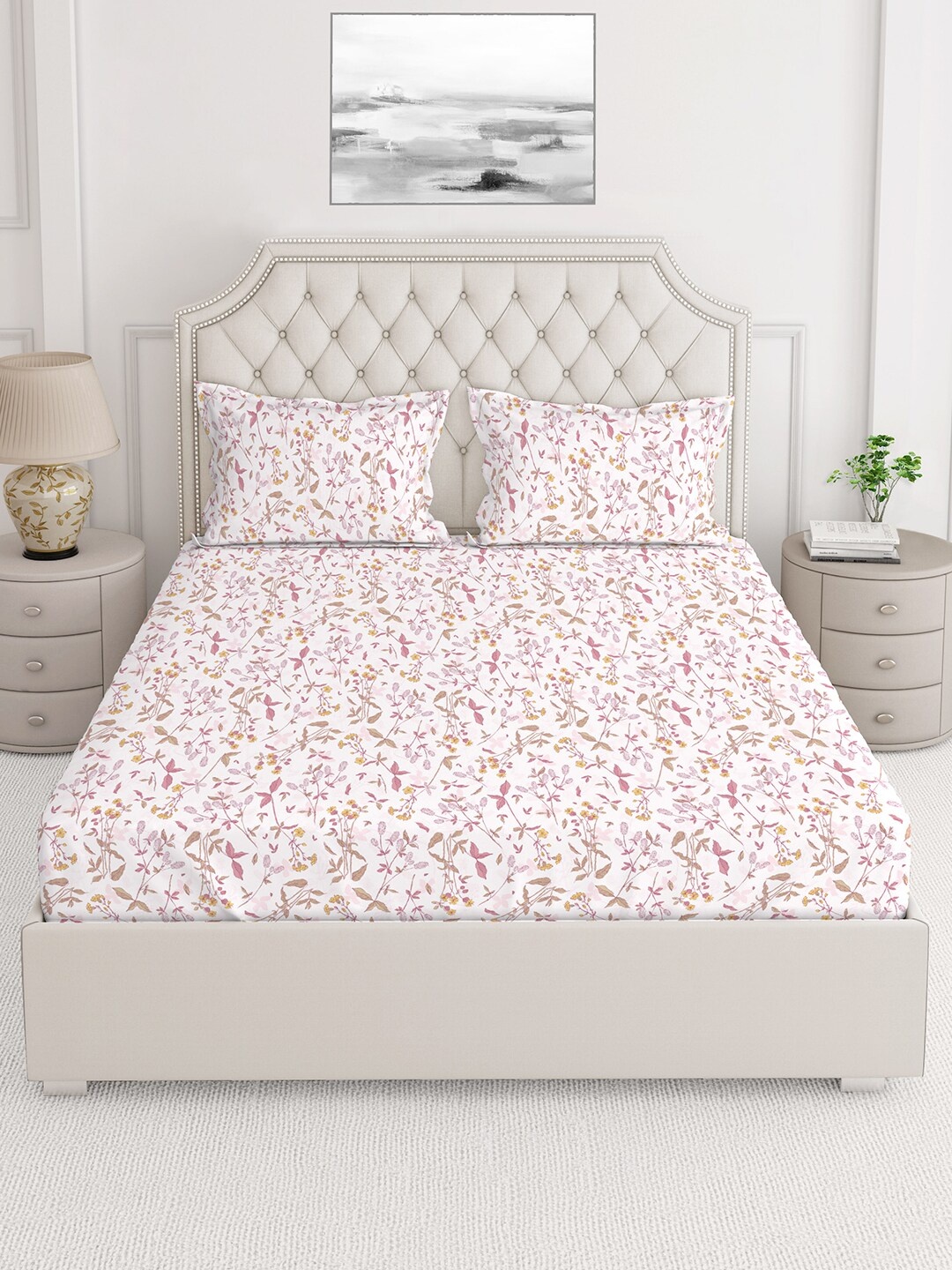 

Layers Firenze White & Pink Floral 140 TC Cotton King Bedsheet with 2 Pillow Covers