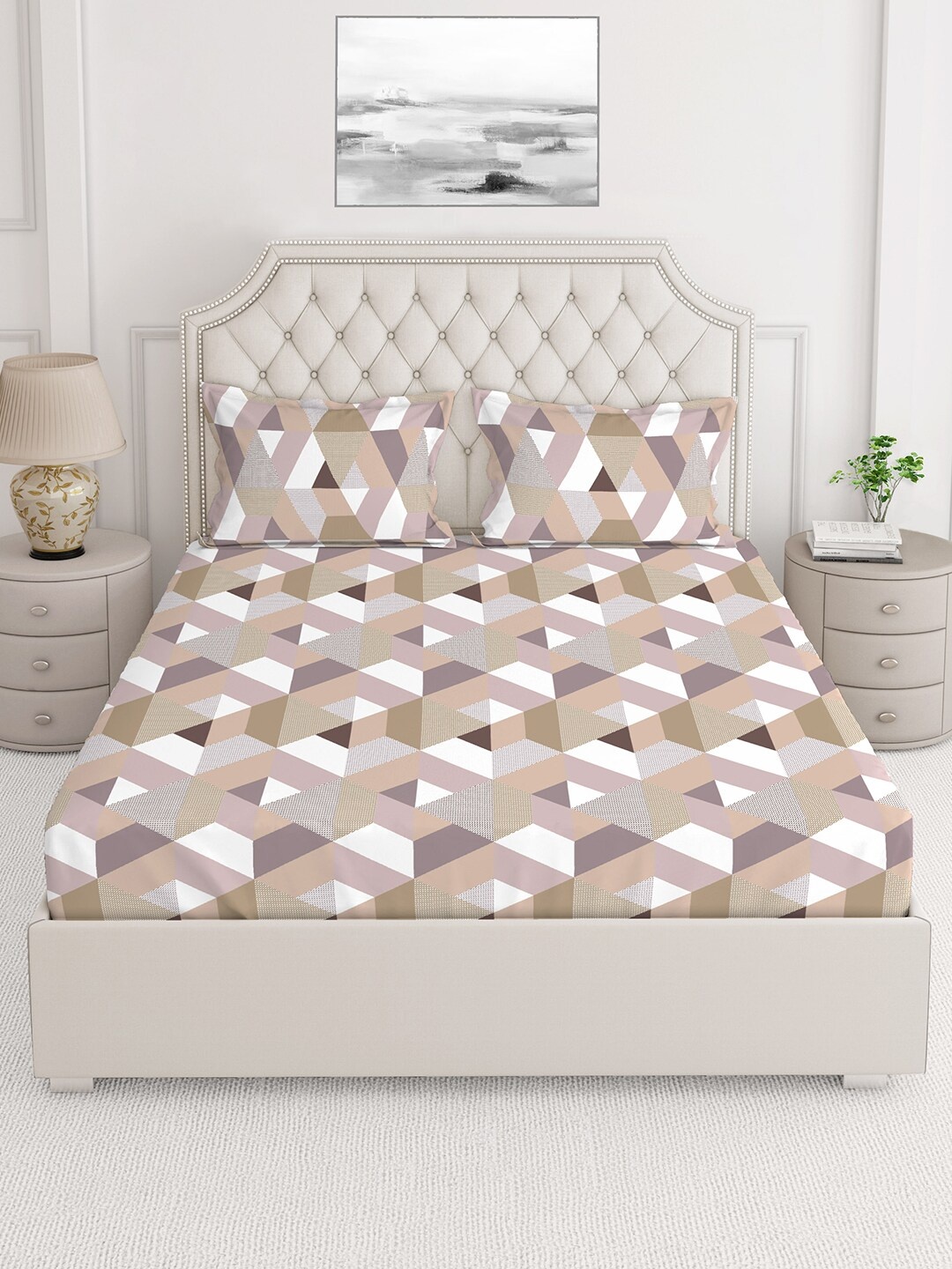 

Layers Pink & Beige Geometric 140 TC Cotton Queen Bedsheet with 2 Pillow Covers