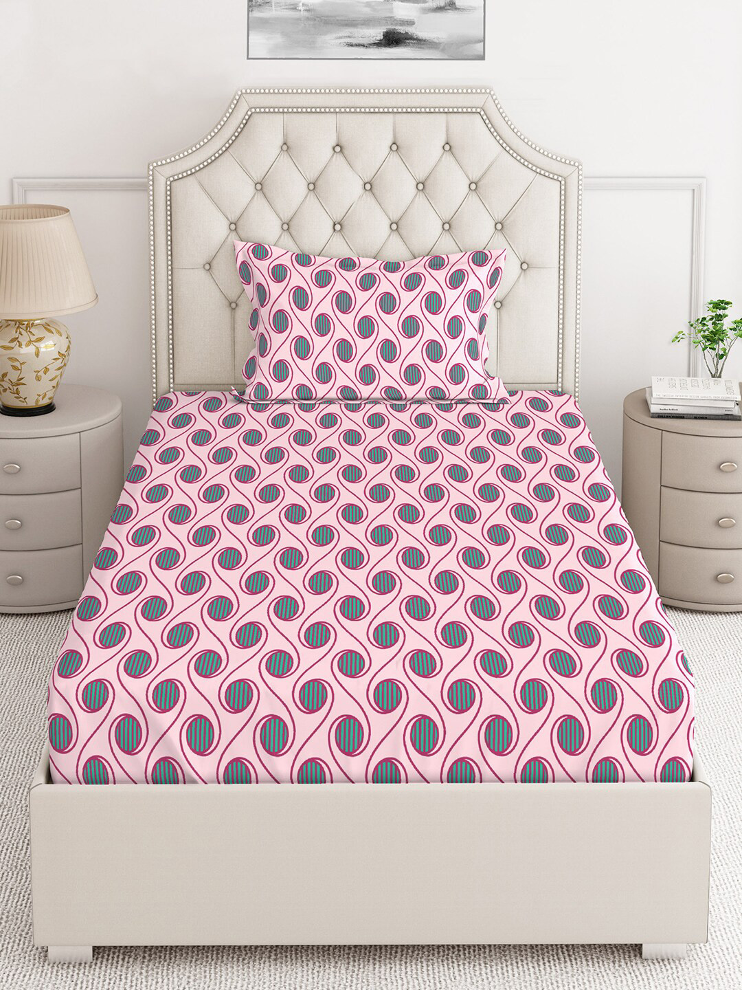 

Layers Pink & Green Ethnic Motifs 140 TC Cotton Single Bedsheet with 1 Pillow Covers