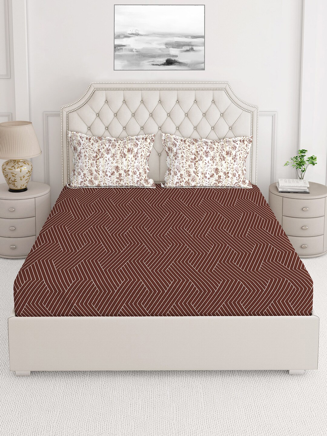 

Layers Brown & White Geometric Cotton 150 TC Queen Bedsheet With 2 Pillow Covers