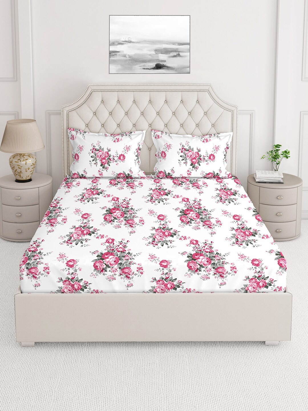 

Layers Firenze White & Pink Floral 140 TC Cotton Queen Bedsheet with 2 Pillow Covers