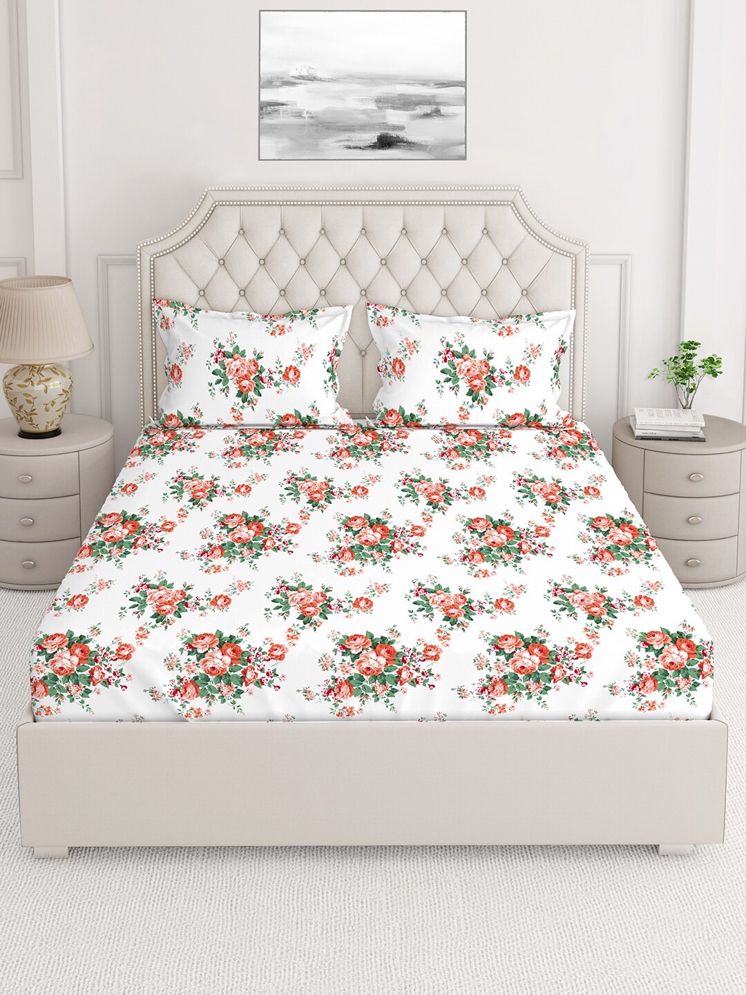 

Layers White & Red Floral Cotton 140 TC King Bedsheet With 2 Pillow Covers
