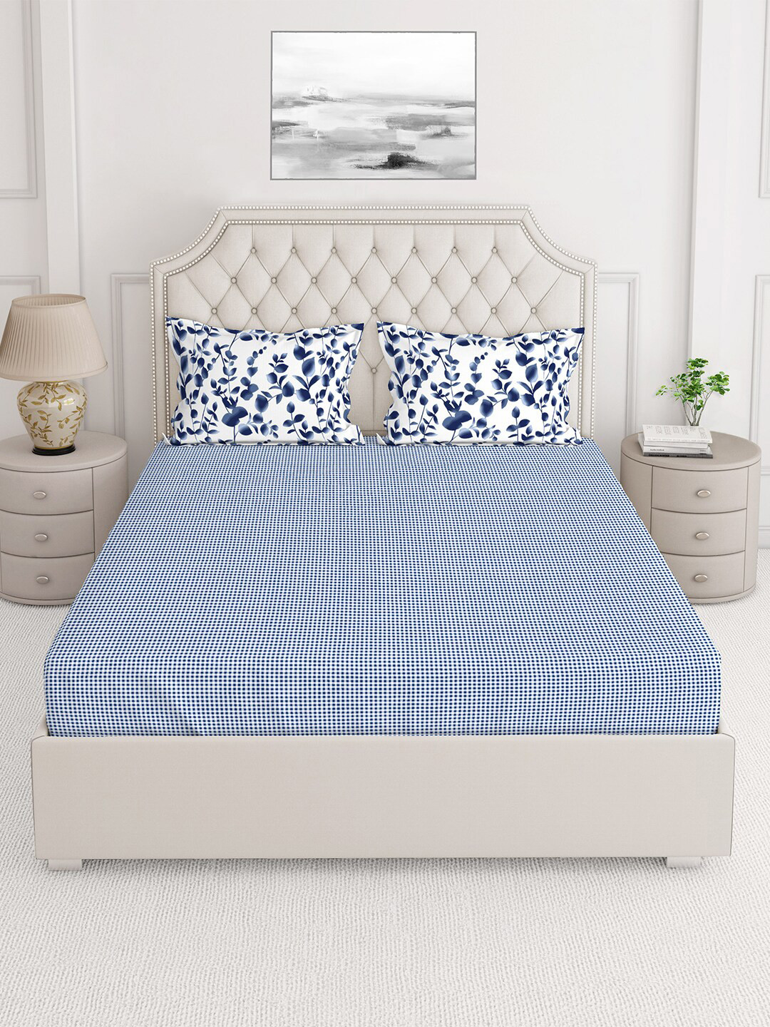 

Layers Blue & White Geometric Cotton 150 TC Queen Bedsheet With 2 Pillow Covers