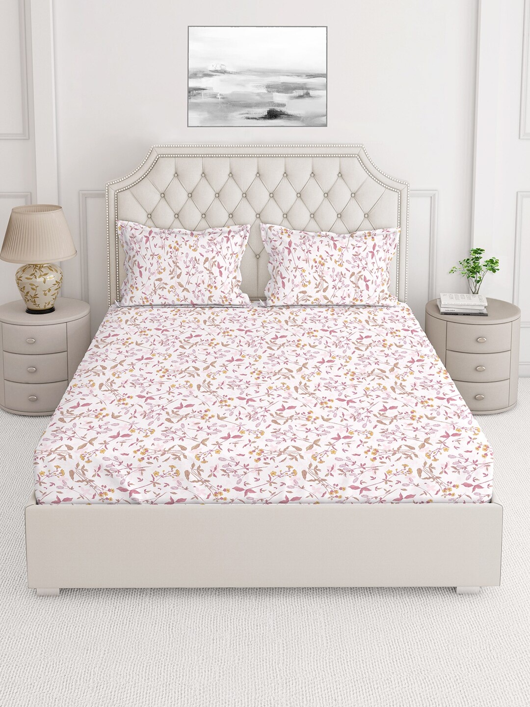 

Layers Firenze White & Pink Floral 140 TC Cotton Queen Bedsheet with 2 Pillow Covers