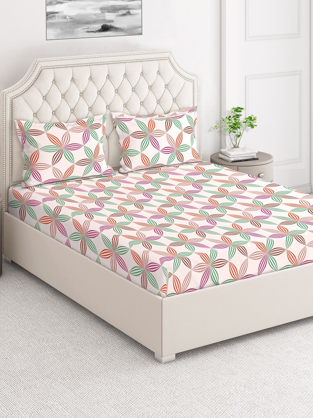 

Layers Pink & Green Floral 140 TC Cotton King Bedsheet with 2 Pillow Covers