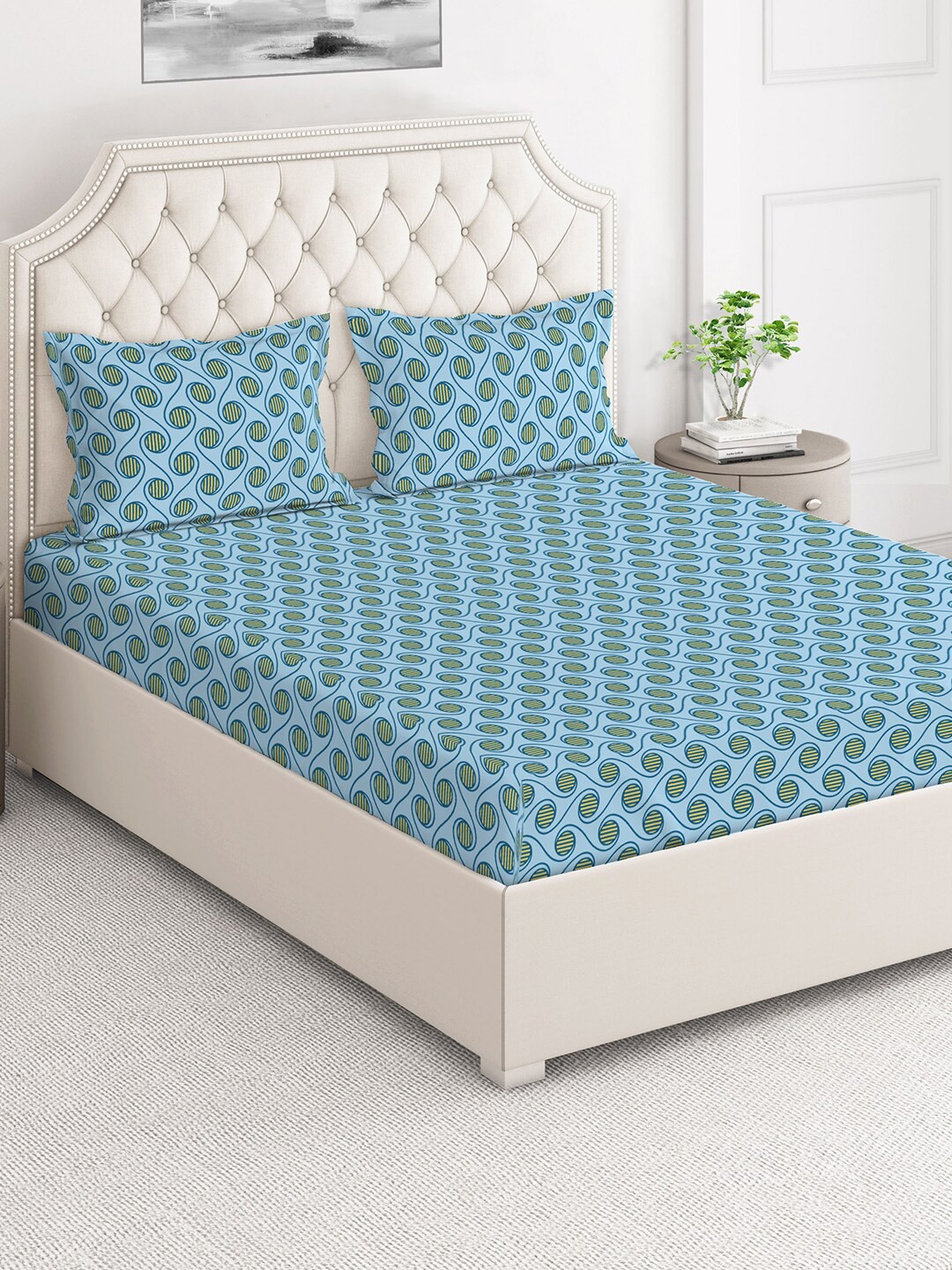 

Layers Blue & Yellow Geometric Cotton 140 TC Queen Bedsheet With 2 Pillow Covers