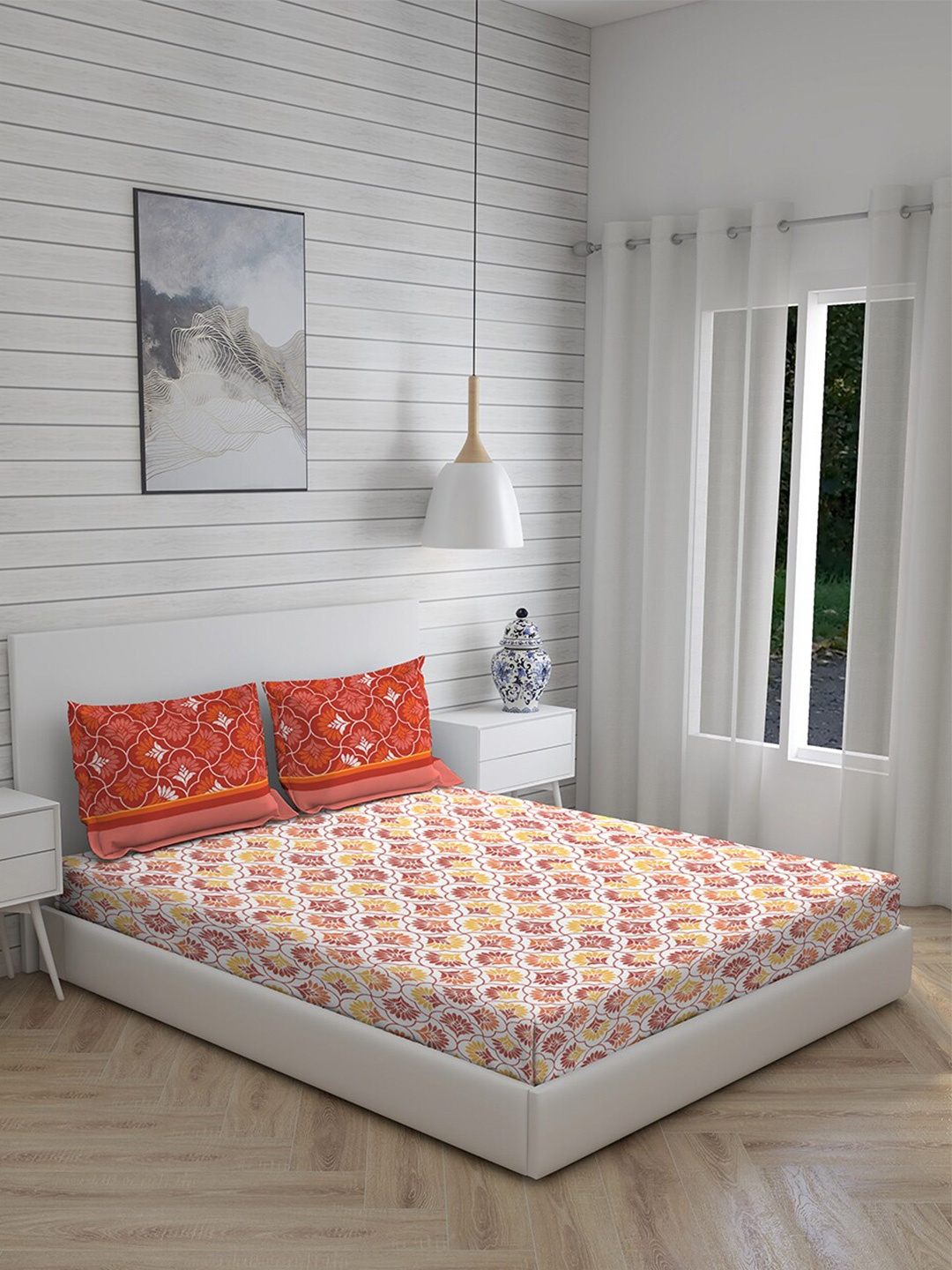 

Layers White & Orange Ethnic Motifs 230 TC Cotton Queen Bedsheet with 2 Pillow Covers