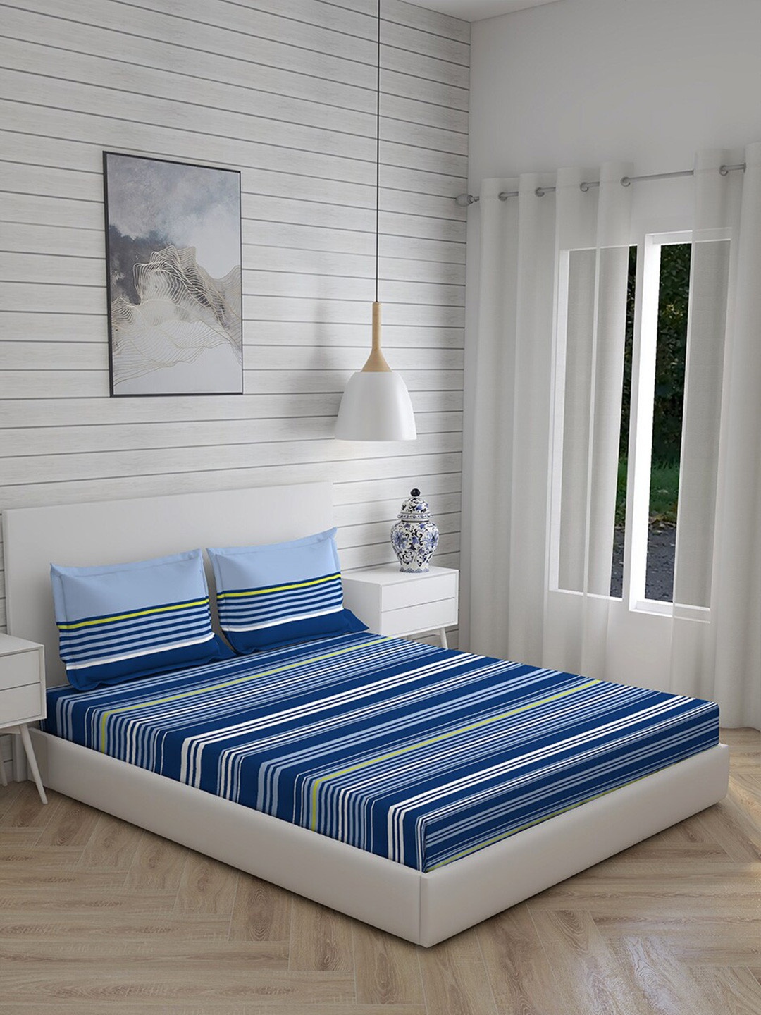 

Layers Navy Blue & White Striped 230 TC Cotton Queen Bedsheet with 2 Pillow Covers