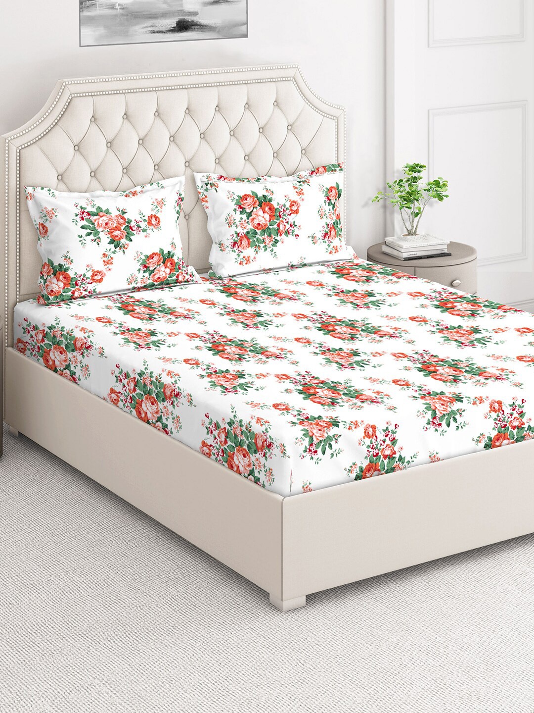 

Layers White & Red Floral 140 TC Cotton Queen Bedsheet with 2 Pillow Covers