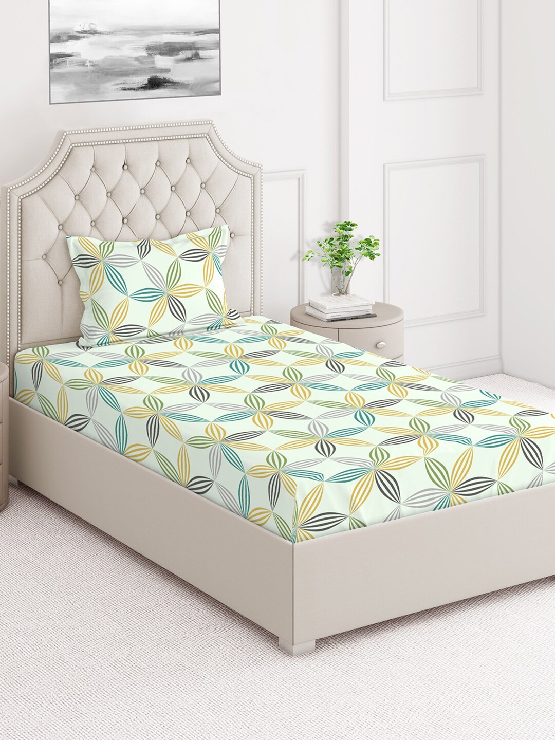

Layers White & Green Ethnic Motifs Cotton 140 TC Single Bedsheet With 1 Pillow Cover