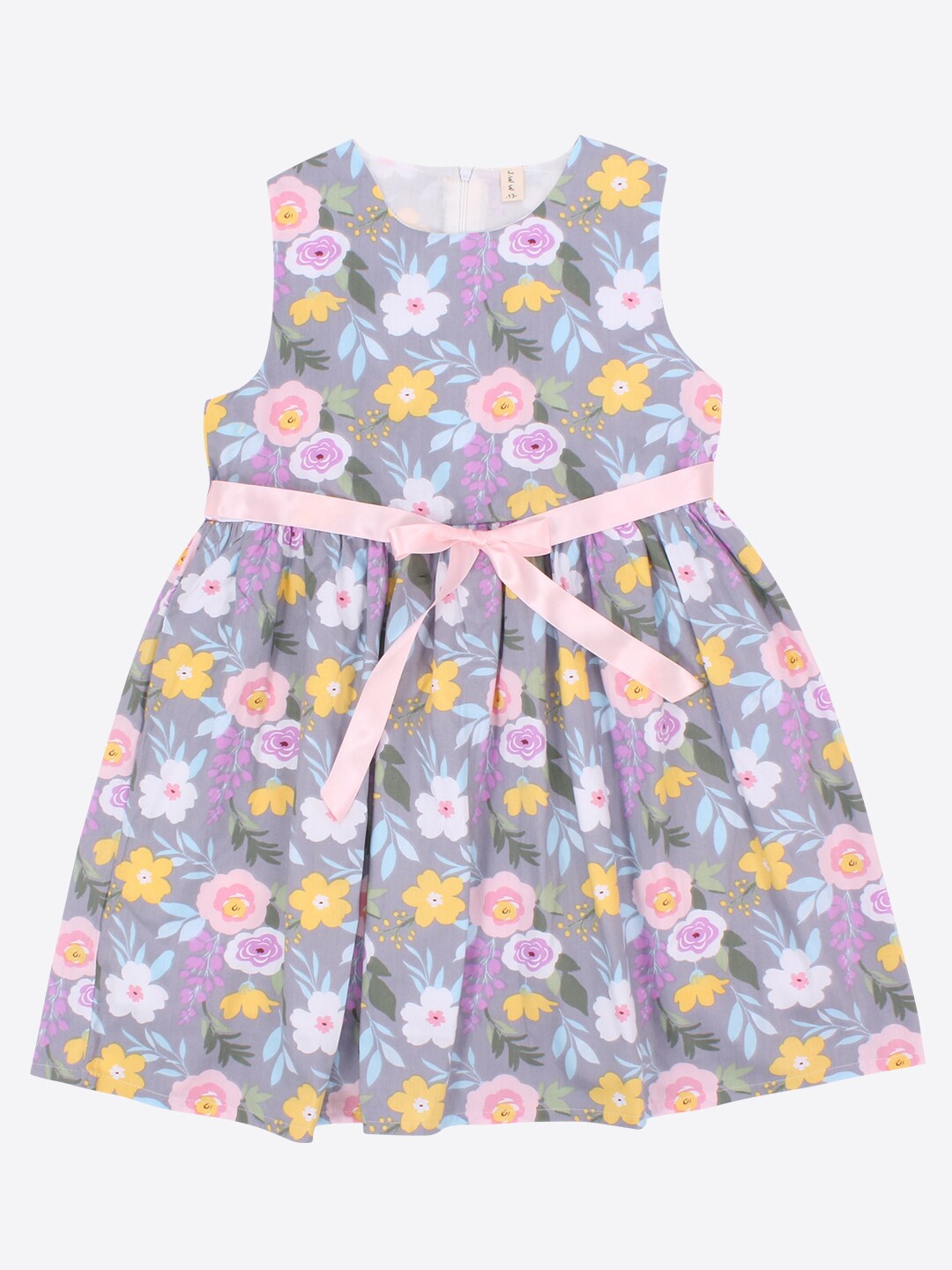

CUTECUMBER Girls Floral Printed Tie Up Cotton Fit & Flare Dress, Grey