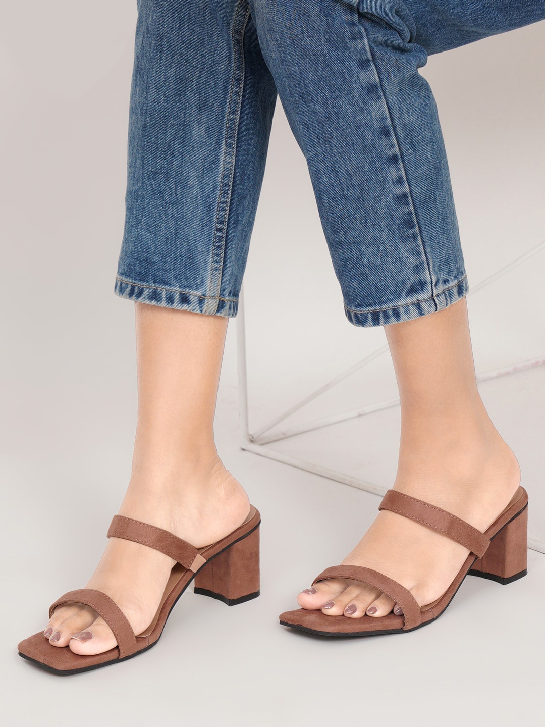 

HASTEN Double Strap Block Heels, Peach