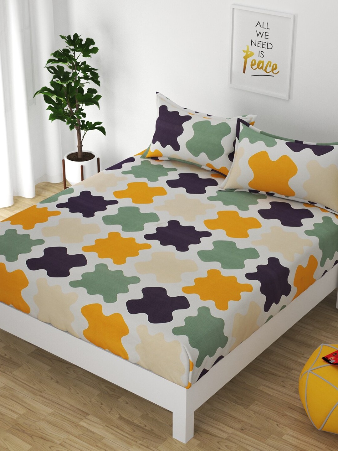 

Bajo's White & Yellow Geometric 250 TC Fitted Cotton Queen Bedsheet & 2 Pillow Covers