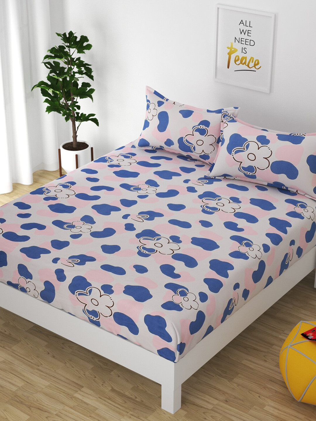 

Bajo's White & Pink Floral 250 TC Fitted Cotton Queen Bedsheet & 2 Pillow Covers