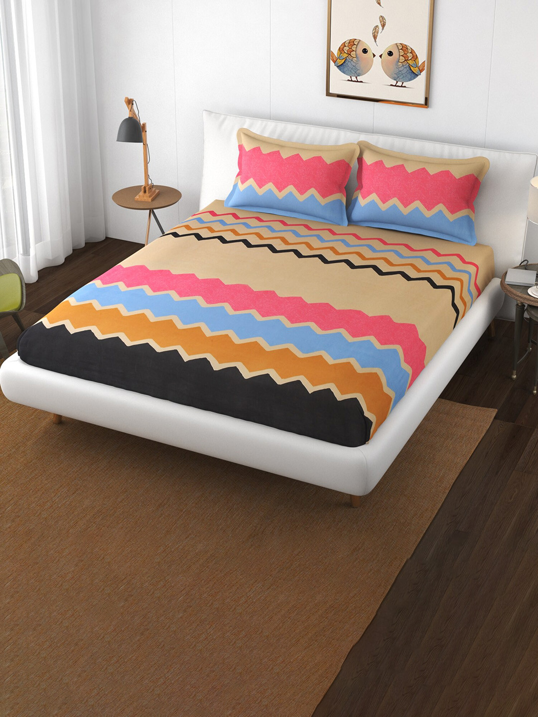 

Bajo's Beige & Pink Striped 250 TC Fitted Cotton Queen Bedsheet & 2 Pillow Covers