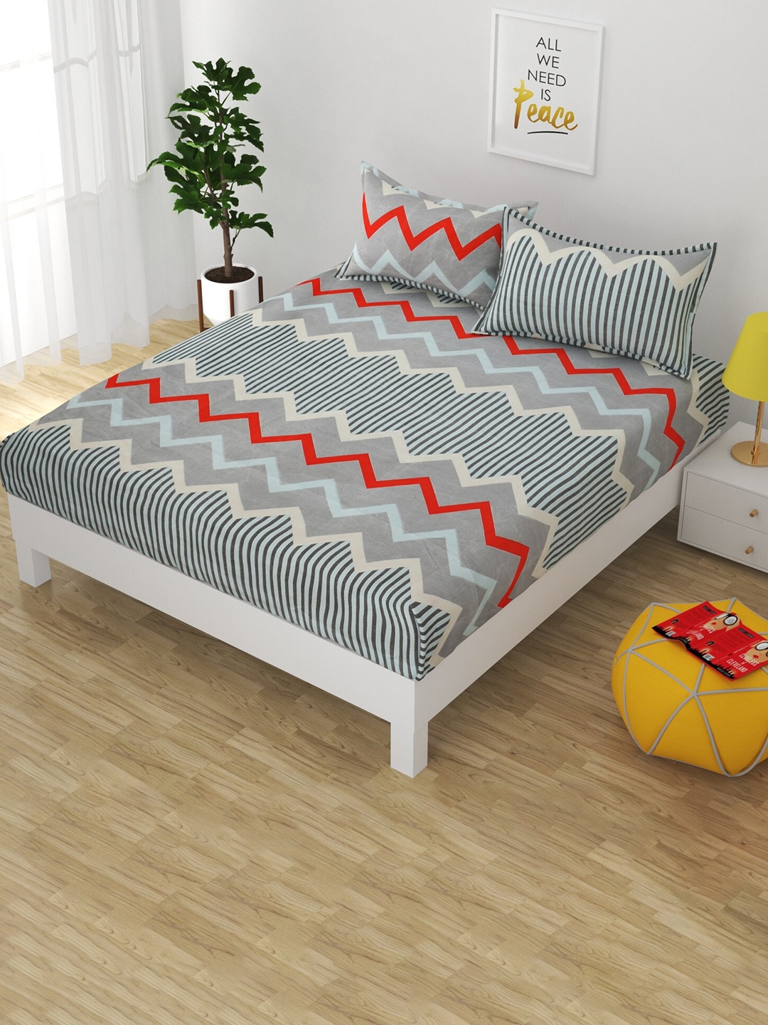 

Bajo's Grey & Blue Striped 250 TC Fitted Cotton Queen Bedsheet & 2 Pillow Covers