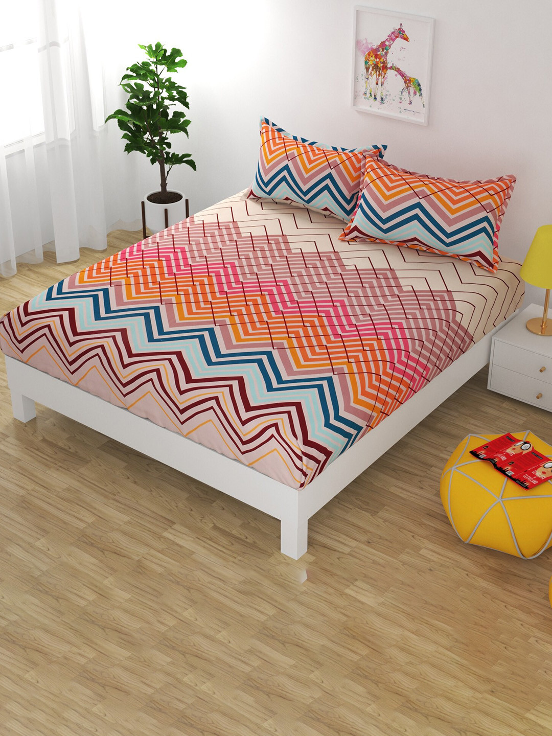 

Bajo's Orange & Beige Striped 250 TC Fitted Cotton Queen Bedsheet & 2 Pillow Covers