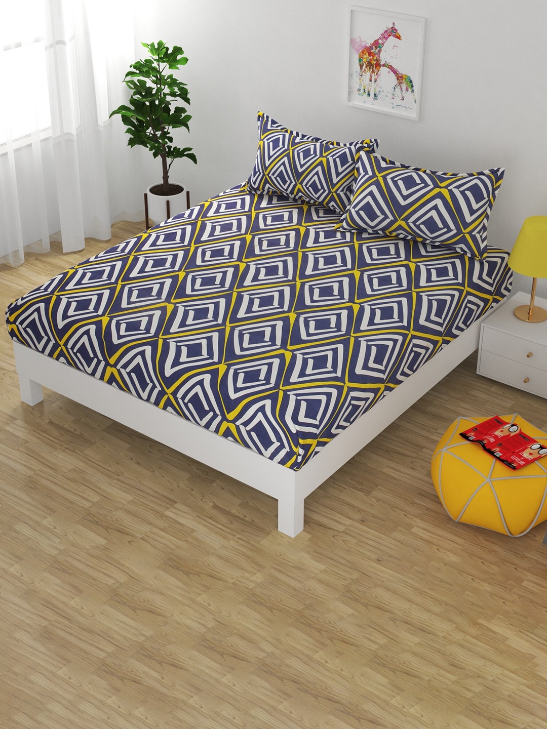 

Bajo's Blue & White Geometric 250 TC Fitted Cotton Queen Bedsheet & 2 Pillow Covers