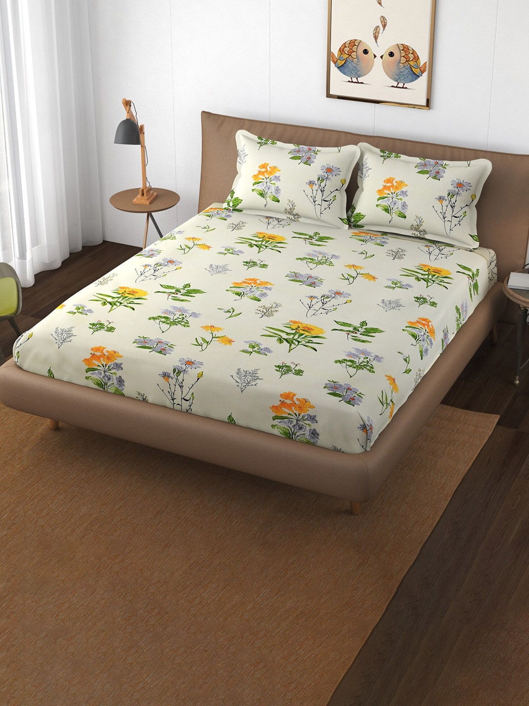 

Bajo's White & Yellow Floral 250 TC Fitted Cotton Queen Bedsheet & 2 Pillow Covers