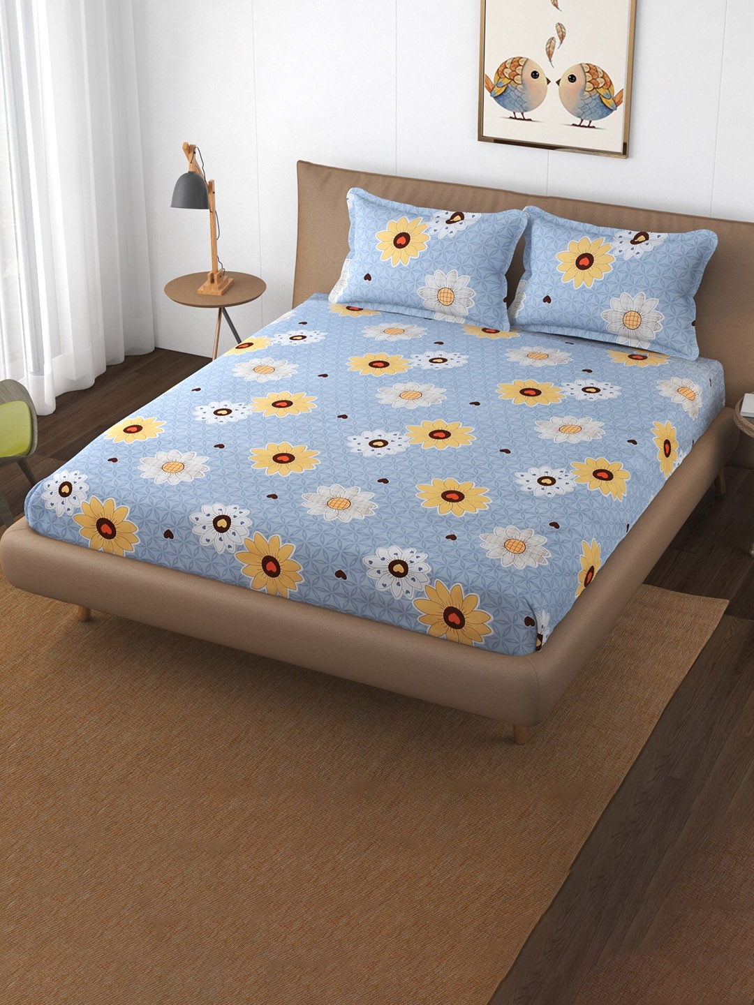 

Bajo's Blue & Yellow Floral 250 TC Fitted Cotton Queen Bedsheet & 2 Pillow Covers