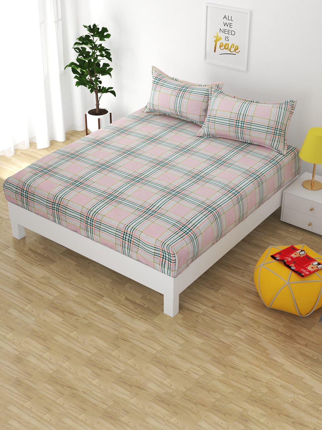 

Bajo's White & Pink Geometric 250 TC Fitted Cotton Queen Bedsheet & 2 Pillow Covers