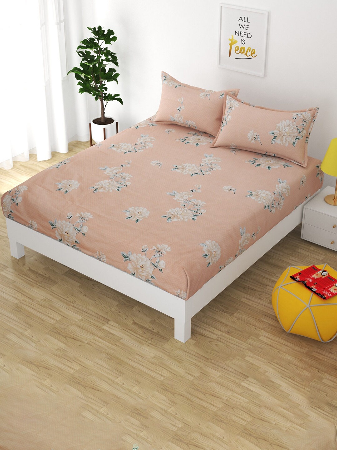 

Bajo's Pink & Green Floral 250 TC Fitted Cotton Queen Bedsheet & 2 Pillow Covers