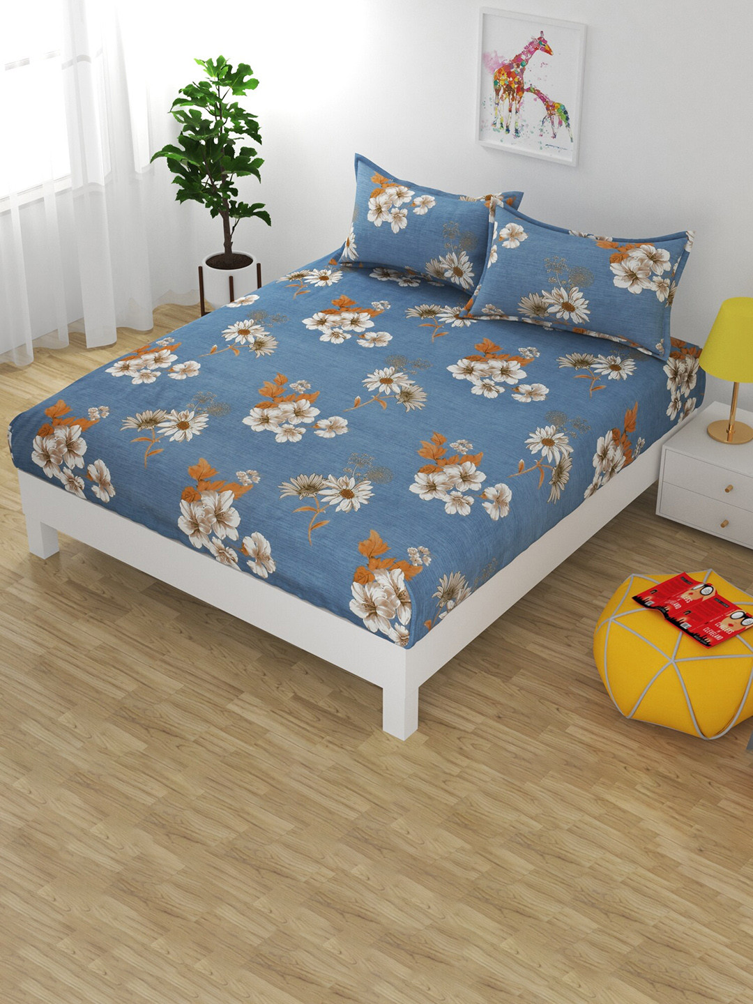 

Bajo's Blue & White Floral 250 TC Fitted Cotton Queen Bedsheet & 2 Pillow Covers