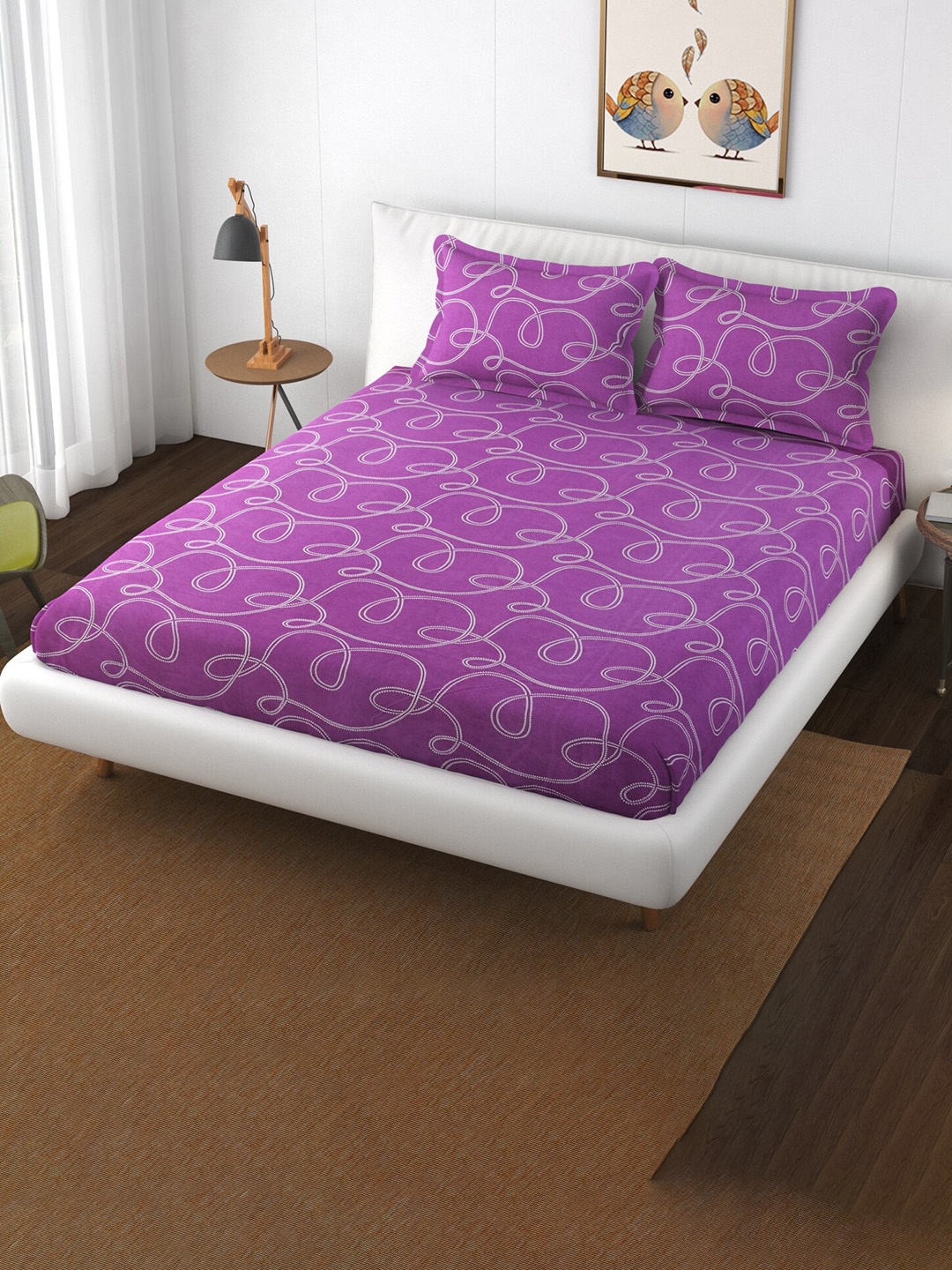 

Bajo's Purple & White 250 TC Fitted Cotton Queen Bedsheet & 2 Pillow Covers