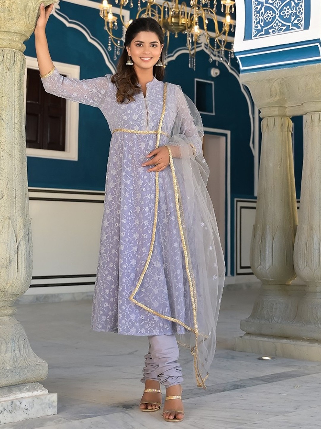 

Ramas Embroidered Anarkali Kurta & Churidar With Dupatta, Lavender