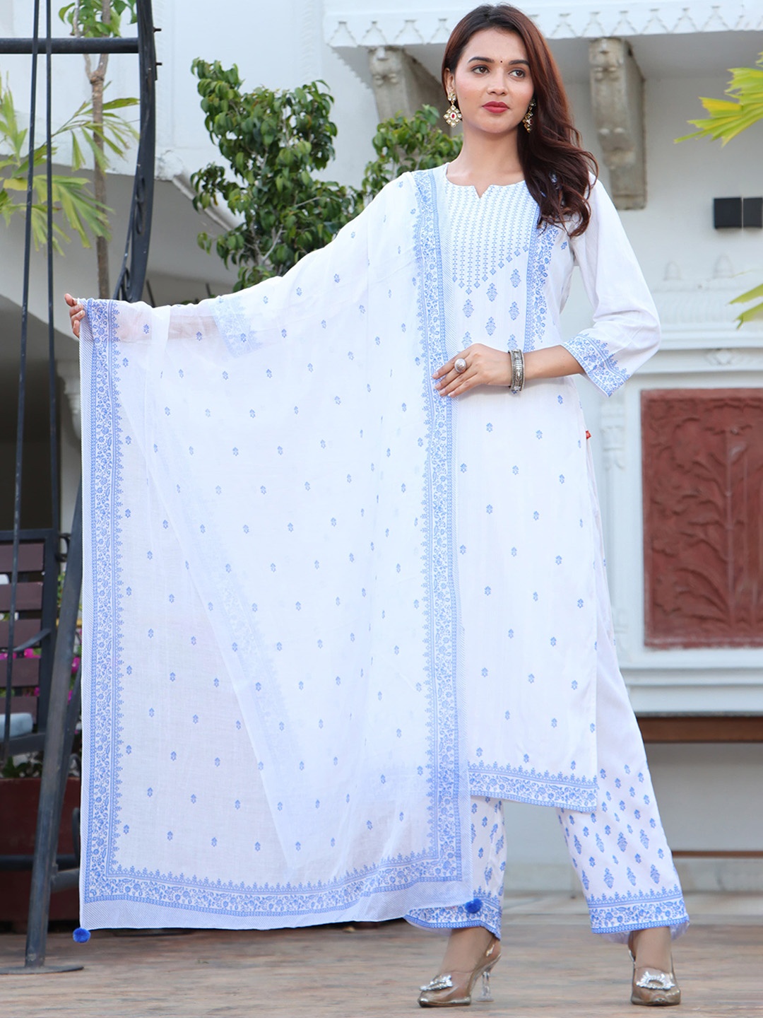 

Ramas Ethnic Motifs Printed Straight Kurta & Palazzos With Dupatta, White