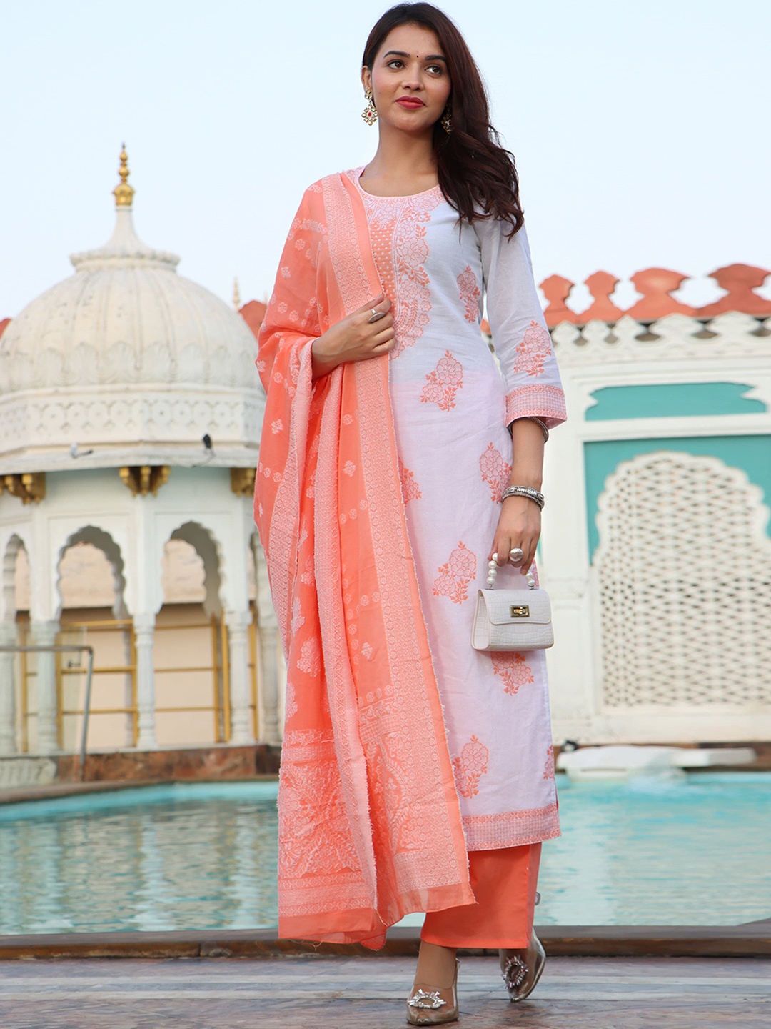 

Ramas Woven Design Pure Cotton Straight Kurta & Palazzos With Dupatta, White