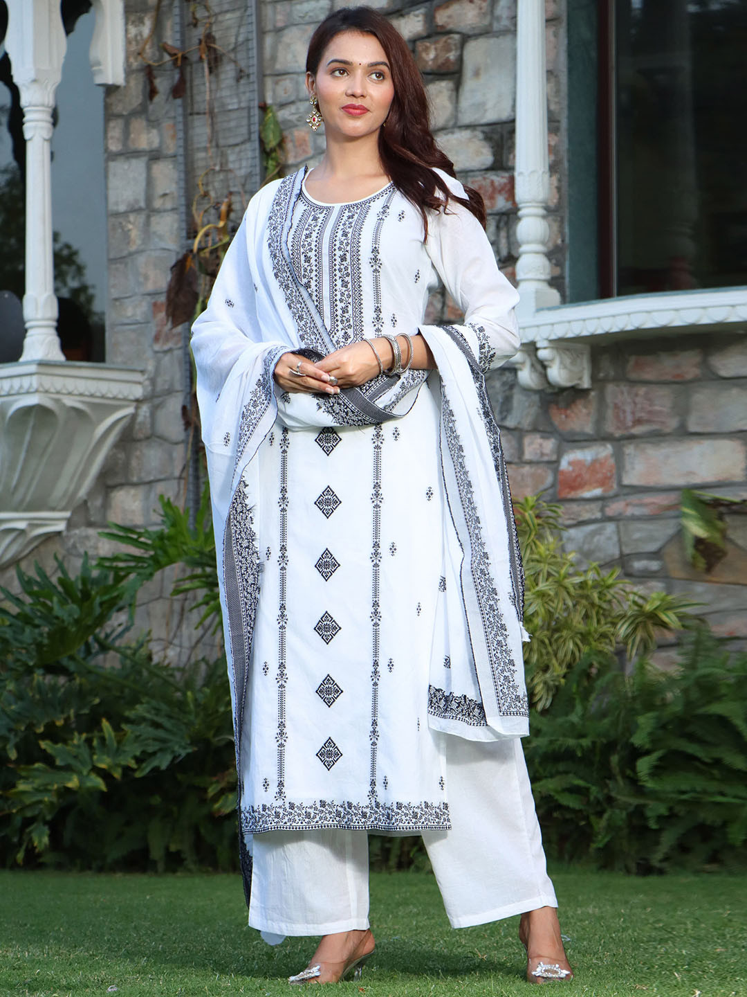 

Ramas Self Design Pure Cotton Kurta With Palazzos & With Dupatta, White