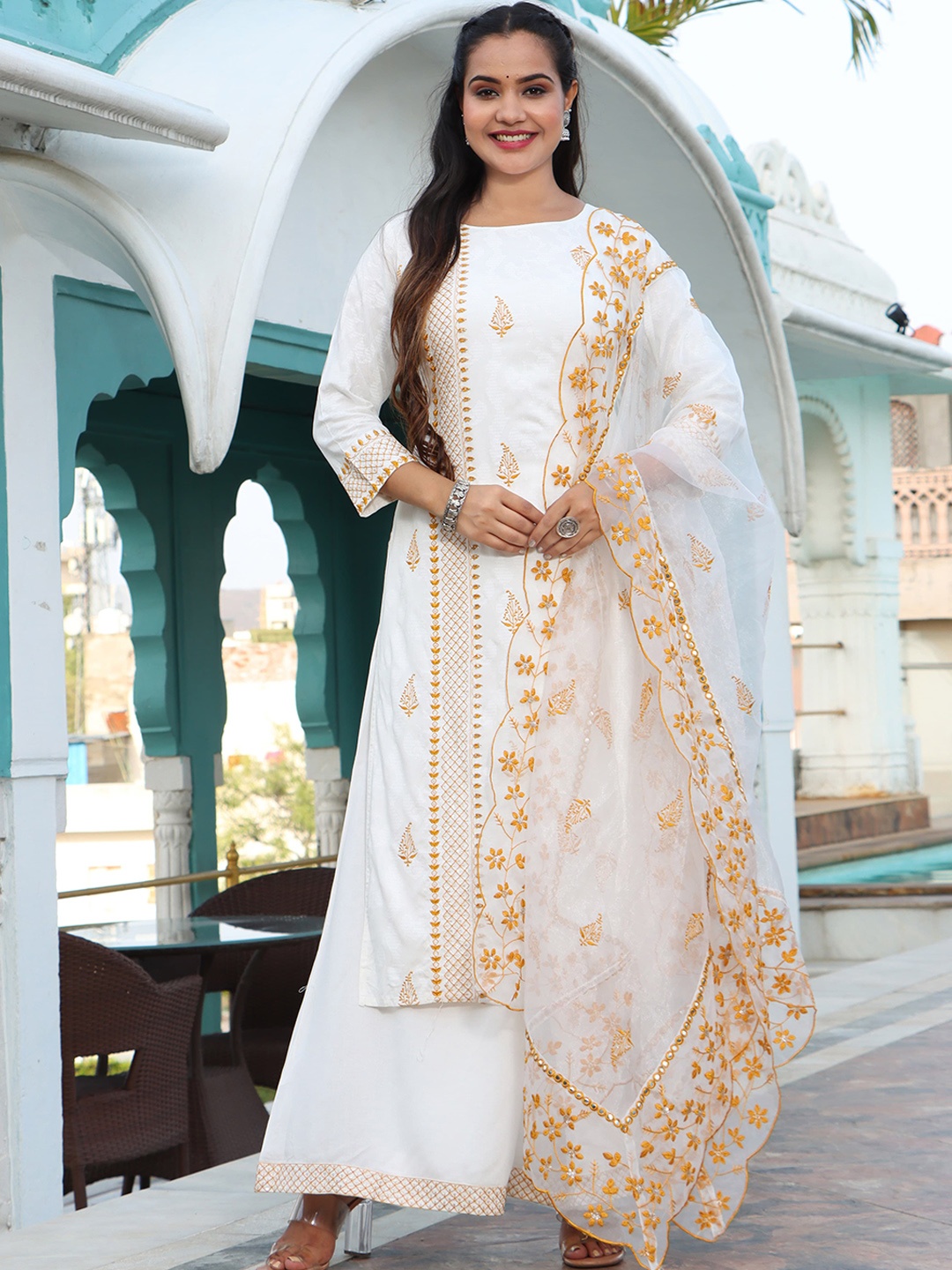 

Ramas Ethnic Motifs Embroidered Thread Work Kurta with Sharara & Dupatta, White
