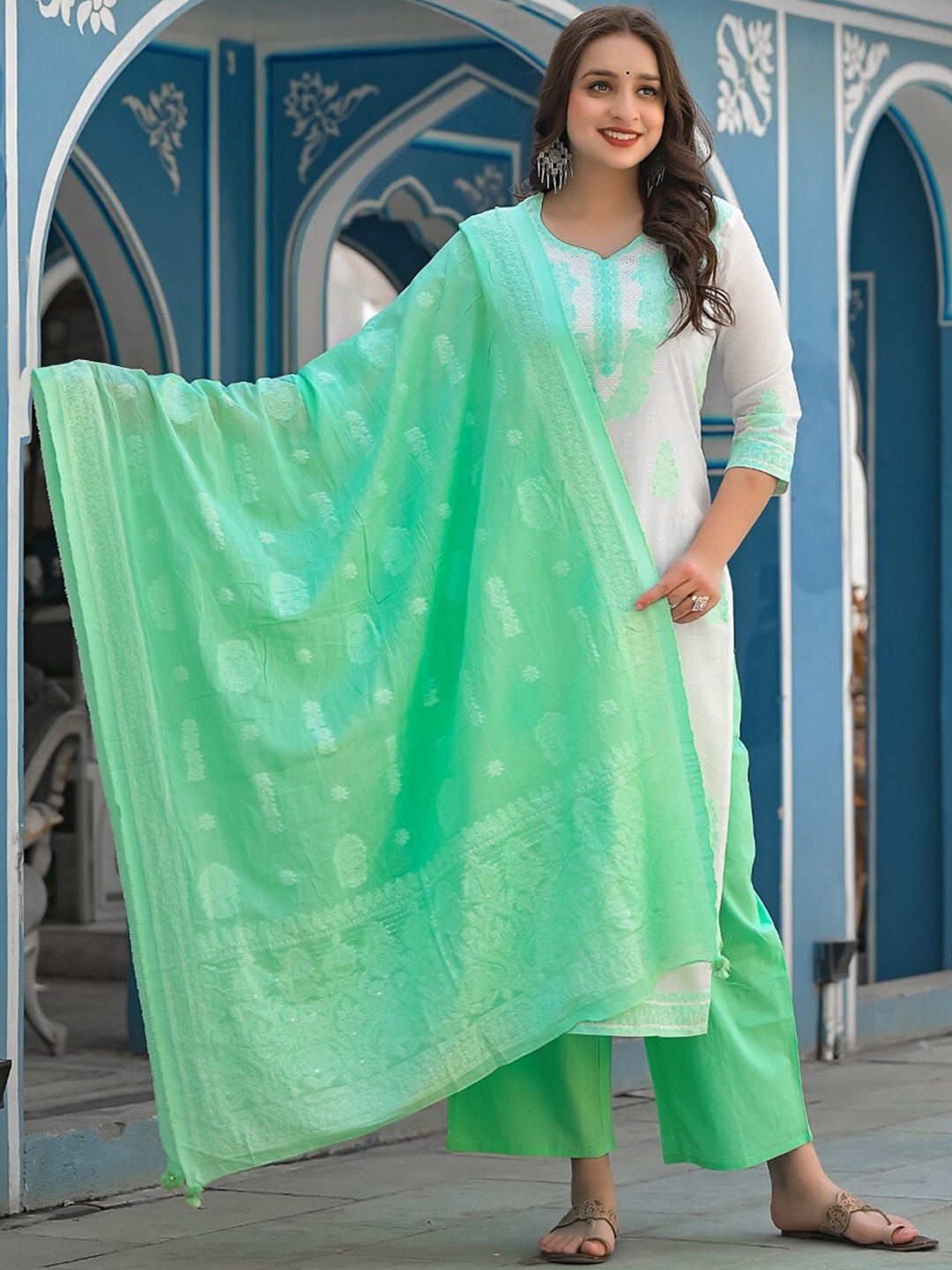 

Ramas Ethnic Motifs Embroidered Thread Work Pure Cotton Kurta With Palazzos & With Dupatta, White