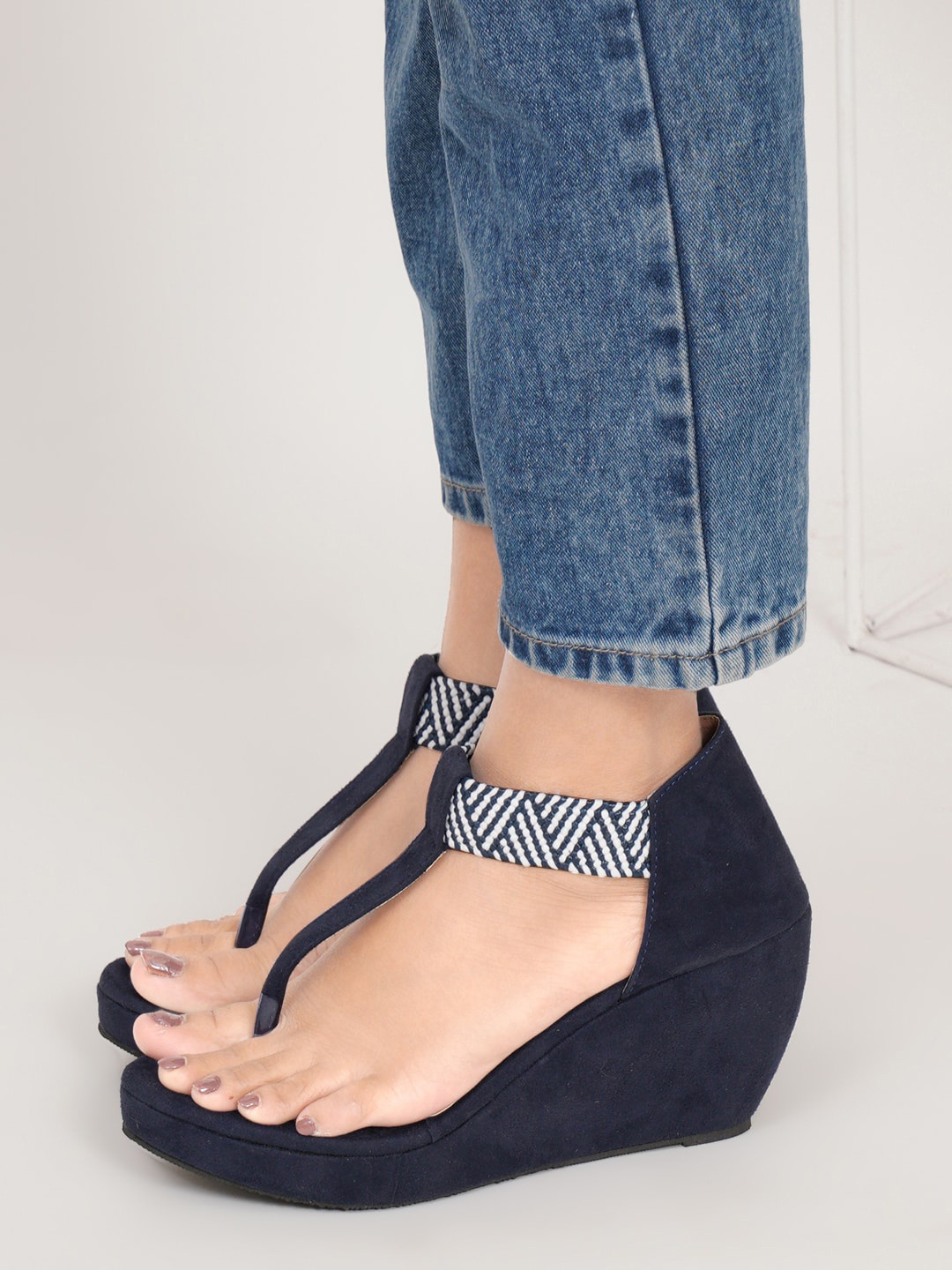 

HASTEN Open Toe T- Strap Wedges, Navy blue