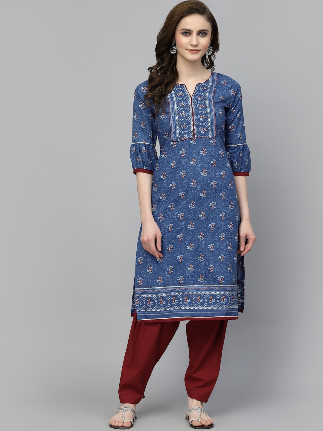 

PRAKRTEE Floral Printed Cotton Straight Kurta, Navy blue