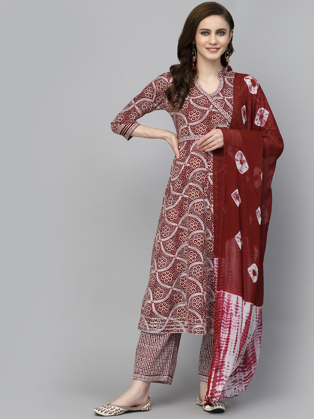 

PRAKRTEE Bandhani Printed Sequinned Pure Cotton Kurta With Palazzos & With Dupatta, Maroon
